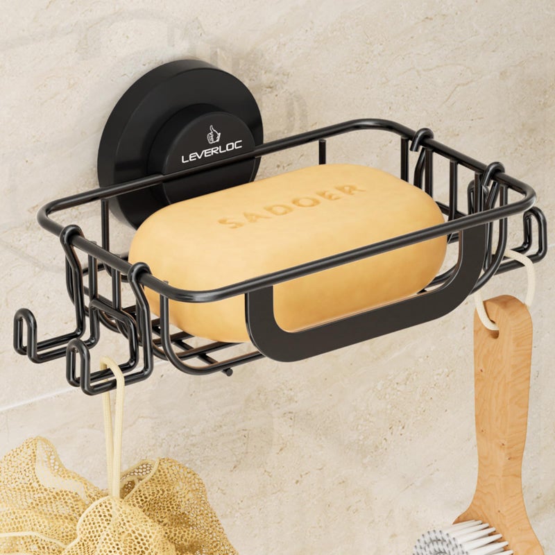 LEVERLOC Soap Holder Dish with Hooks for Shower  Bar Suction Cup Soap Tray Wall Mounted  Rustproof Stainless Steel Sponge Holder Caddy for Bathroom Bathtub Kitchen Sink  Black - Image 1
